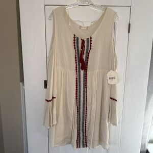 NEW Altar'd State Women's Large Cream Boho Bell Sleeve Mini Dress Prairie Flowy